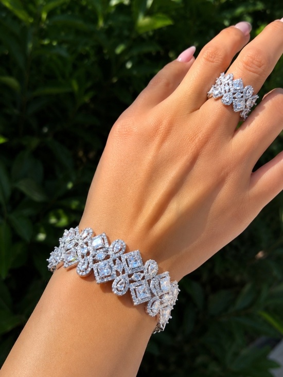 Anthropologie Jewelry - Diamond-Style Silver CZ Floral Bracelet and Ring Set